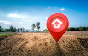 House symbol with location pin icon on empty dry cracked swamp reclamation soil in real estate sale or property investment concept, Buying new home for family - 3d illustration of big advertising sign